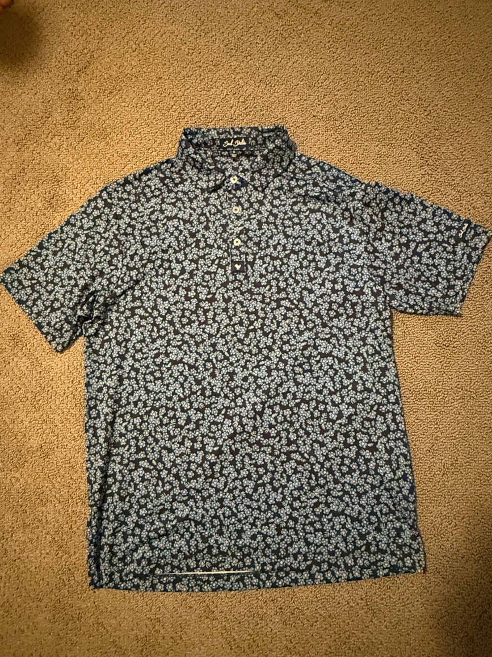 Bad Birdie Floral Short Sleeve Polo Shirt - Black with Light Blue Flowers Medium
